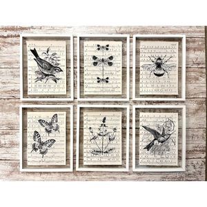 Botanical Vintage Sheet Music Wall Collage Artwork 8x10 Picture Prints, Set of 6